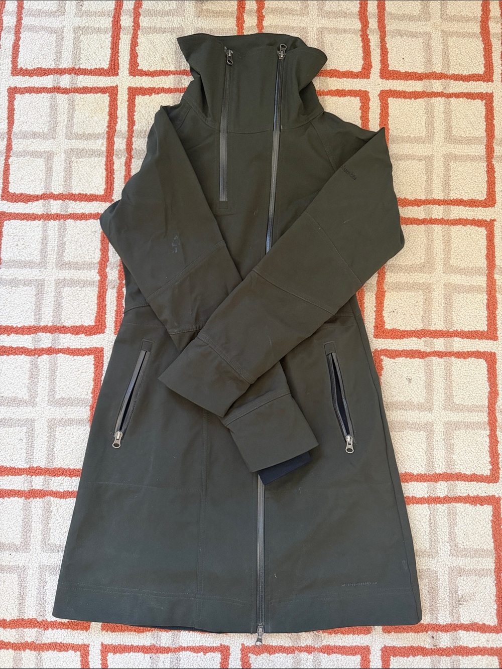 Columbia Long Hooded Zip Coat in Dark Olive Green